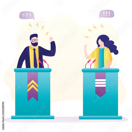 Political debate. Male and female politicians speak emotionally. People on podium speak into microphones. Political candidates