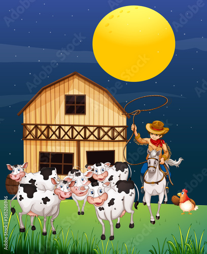 Farm scene with animal farm at night cartoon style