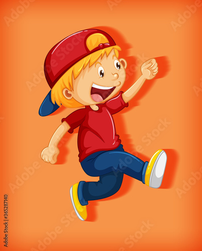 Cute boy wearing red cap with stranglehold in walking position cartoon character isolated on orange background © GraphicsRF