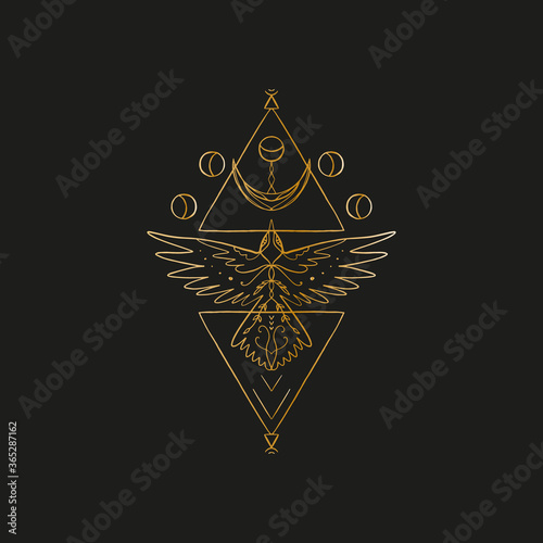 Sacred line geometric symbol with bird and moon phases, gold figure on black background. Abstract mystic geometry. Vector illustration.