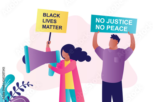 Black Lives Matter movement. African american people hold placards with slogans. Protesters with loudspeaker and boards.