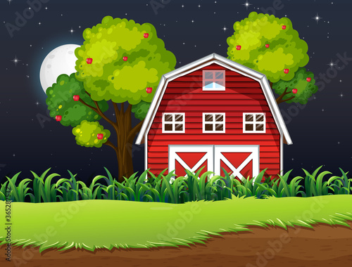 Farm scene with barn and apple tree at night