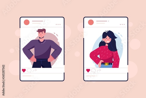 Social network photo profiles. Mobile biographies on screen of gadget interface of social applications for bloggers history messages selfies faces and figures real characters vector users.