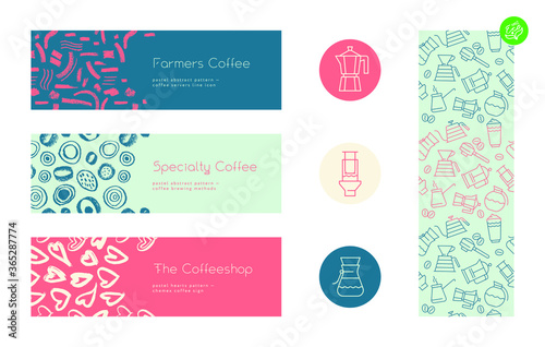Coffee shop sign. Specialty coffee concept with vector linear icons. Coffee brewing methods horizontal banner. Template label design for farmer coffee. Arabica badge on textured white background.