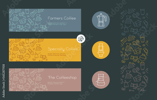 Coffee shop sign. Specialty coffee concept with vector linear icons. Coffee brewing methods horizontal banner. Template label design for farmer coffee. Arabica badge on textured dark background.