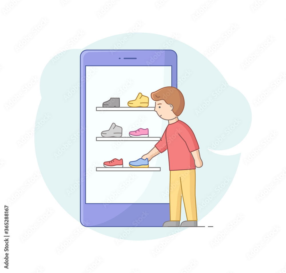 Concept Of Online Shopping. Boy Doing Shopping Online. Man Order On The Internet Goods, Choosing Shoes On Smartphone Screen In Internet Store. Cartoon Linear Outline Flat Style. Vector Illustration Concept Of Online Shopping. Boy Doing Shopping Online. Man Order On The Internet Goods, Choosing Shoes On Smartphone Screen In Internet Store. Cartoon Linear Outline Flat Style. Vector Illustration