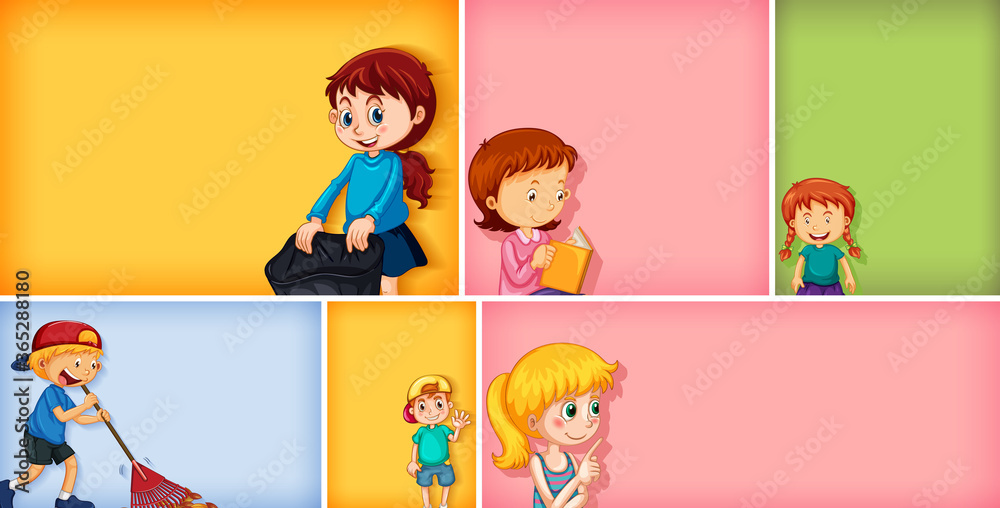 Fototapeta Set of different kid characters on different color background