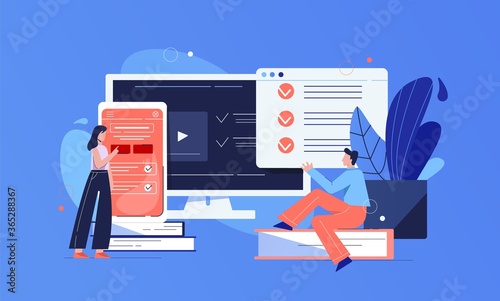 Test online concept. Application checking knowledge subjects control exams remote site passing term papers via website working at home with scientific curator access to an electronic vector library.