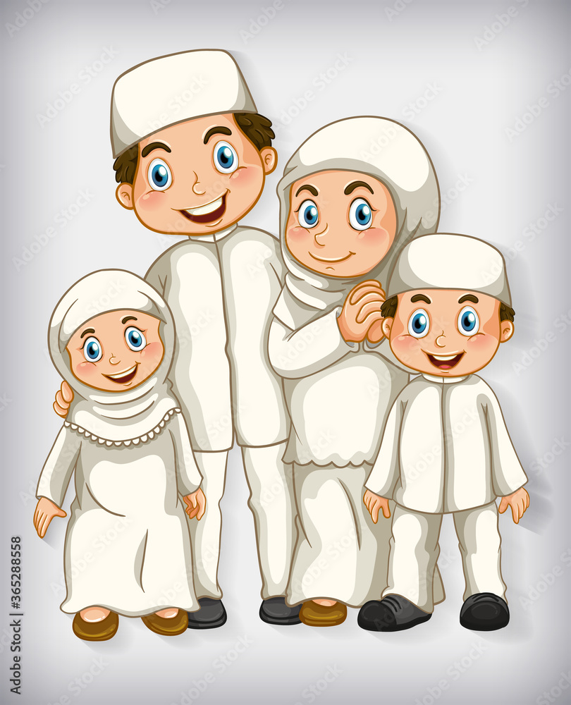 Muslim family member on cartoon character colour gradient background Muslim family member on cartoon character colour gradient background