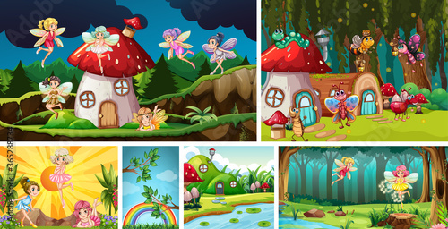 Six different scene of nature fantasy world with beautiful fairies in the fairy tale