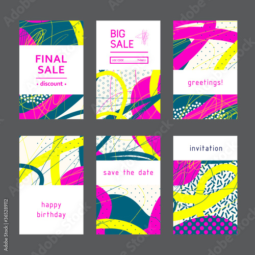 Print Set of creative universal geometric cards. Designs for prints, wedding, anniversary, birthday, Valentine's day, party invitations, posters, cards, etc. Vector. Isolated.