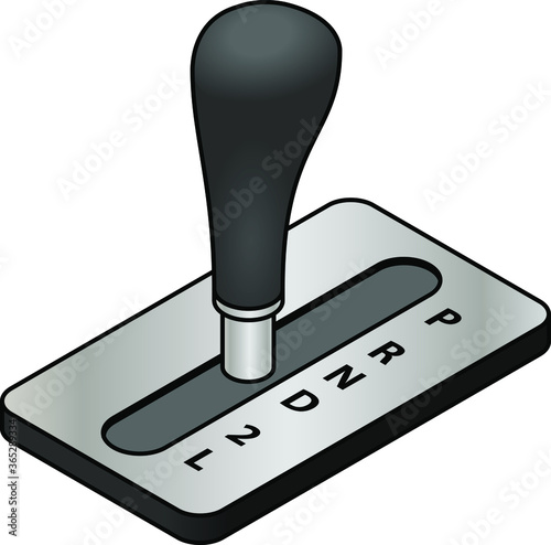 Vehicle gear stick: automatic transmission. Gear labels on right hand side. Park, reverse, neutral, drive, second and low gear.