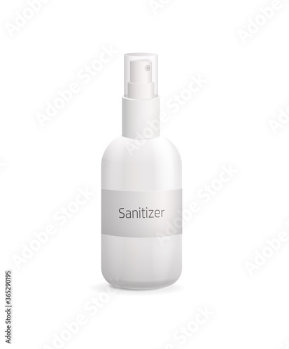 Sanitizer in bottle with spray mockup. Antibacterial gel for treatment of hands and skin hygienic prophylaxis viruses cosmetic agent for moisturizing skin medical vector foam lotion.