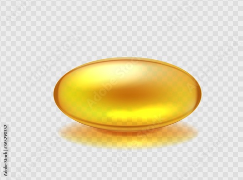 Capsule with golden omega acid oil. Organic health for blood vessels and liver cosmetic for skin and hair health yellow transparent pharmaceutical agent with vector fatty acid oil.