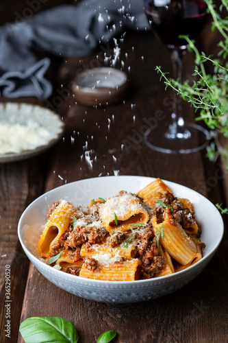 rigatoni Pasta with Bolognese Sauce, Parmesan and Basil