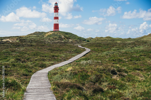 Fototapeta Naklejka Na Ścianę i Meble -  Leuchtturm in den Dünen auf der Insel Amrum mit Bohlenweg