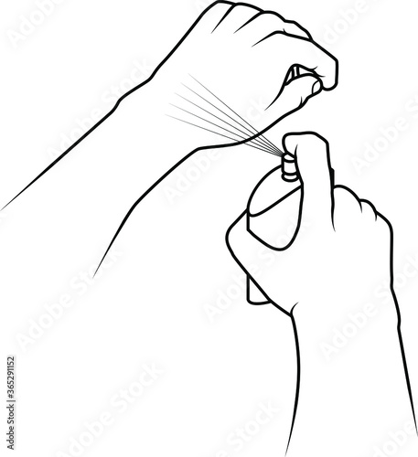 One hand spraying perfume, cologne or liquid bandage onto the back of the other hand. Line art.