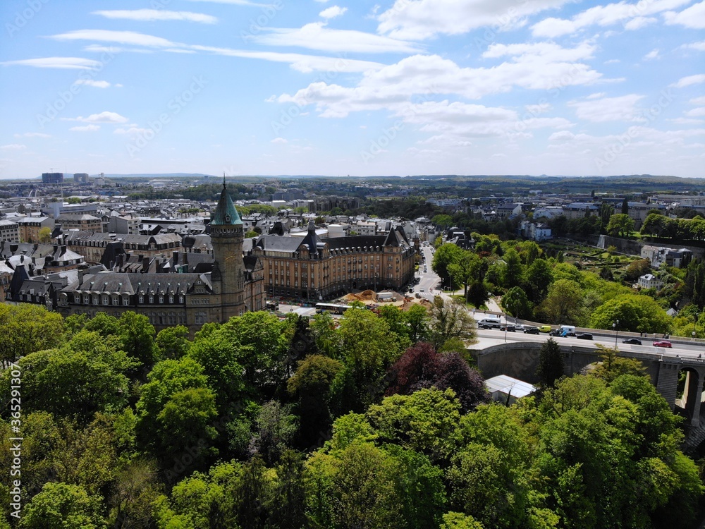 Beautiful view from above, Luxemburg. The capital of Kingdom Luxemburg. Small European country with great culrure and outstanding landscapes. Aerial photo created by drone.