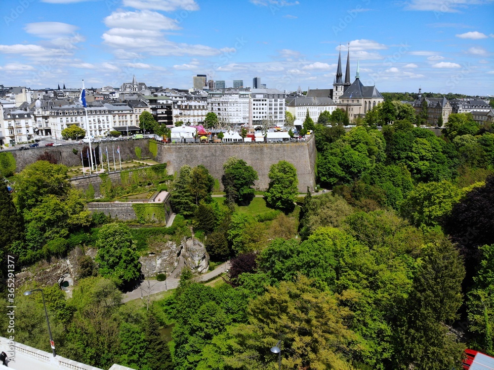 Fototapeta premium Beautiful view from above, Luxemburg. The capital of Kingdom Luxemburg. Small European country with great culrure and outstanding landscapes. Aerial photo created by drone.