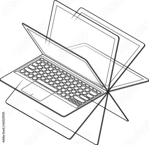 A convertible laptop/notebook computer with a 360 degree hinge. Shown with screen in different positions. Line art.