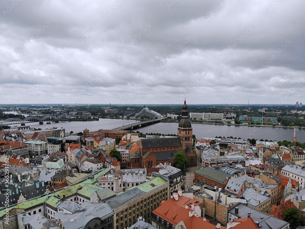 Aerial view from above on the great baltic city Riga. The capital of Latvia. One of the most beautiful and autentic city in Europe. A place you wnt to come back. Created by drone.