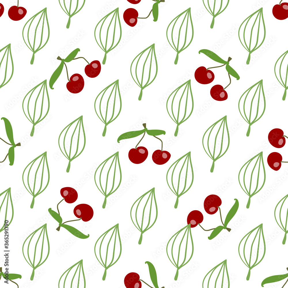 Seamless texture. Decorative background design with summer cherry fruits. Colorful vector pattern for textile, stationery, wallpaper, wrapping paper, web, scrapbook. Seamless texture. Decorative background design with summer cherry fruits. Colorful vector pattern for textile, stationery, wallpaper, wrapping paper, web, scrapbook.