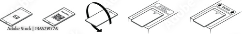 Diagram showing steps to use an e-ticket barcode - emailed to a smartphone - to enter a train station. Line art.