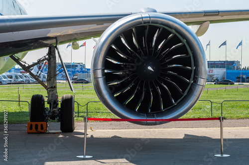 August 30, 2019. Zhukovsky, Russia. Aircraft dual-circuit turbofan engine under the wing of an airplane Irkut MC-21 at the International Aviation and Space Salon MAKS 2019.
