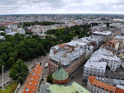 Aerial view from above on the great baltic city Riga. The capital of Latvia. One of the most beautiful and autentic city in Europe. A place you wnt to come back. Created by drone. photo