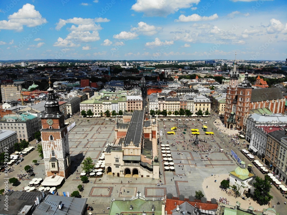 Aerial photo from drone. The culture and historical capital of Poland. Comfortable and beautiful Krakow. The land of Legend. Old part of town,Main square, St. Mary's Basilica.