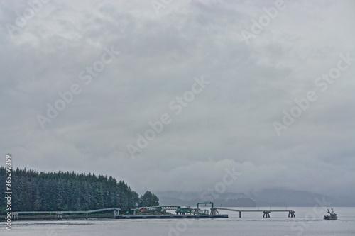 Hoonah, Alaska, USA: Unoccupied cruise ship docks at Icy Strait Point await visitors on a foggy summer morning. photo