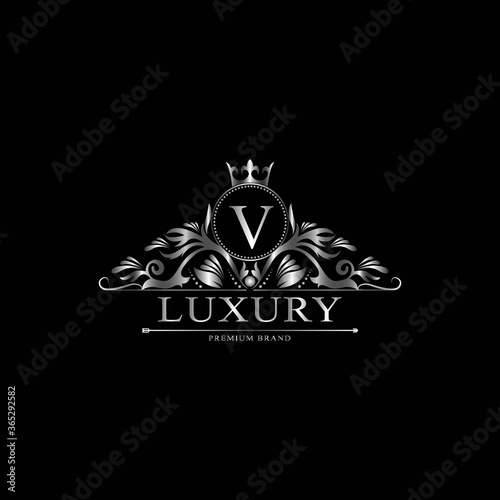 V Luxury Logo. Template flourishes calligraphic elegant ornament lines. Business sign, identity for Restaurant, Royalty, Boutique, Cafe, Hotel, Heraldic, Jewelry, Fashion and other vector illustration