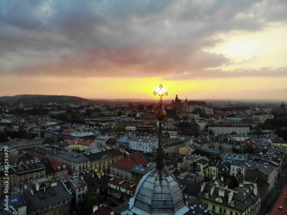 Aerial photo from drone. The culture and historical capital of Poland. Comfortable and beautiful Krakow. The land of Legend. Beautiful Sunset,old part of city.