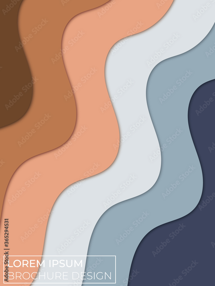 Abstract blue brown beach background with paper waves for banner, invitation, brochure, flyer, poster or web design. Paper cut style, 3d effect imitation, placeholder text, vector illustration