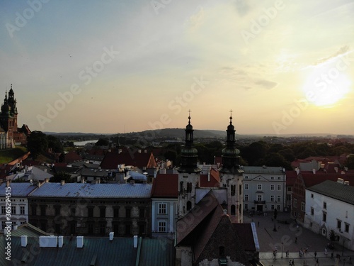 Aerial photo from drone. The culture and historical capital of Poland. Comfortable and beautiful Krakow. The land of Legend. Amazing sunset capture.