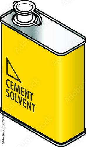 A yellow rectangular metal tin of cement solvent.