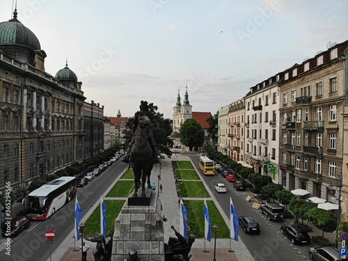 Aerial photo from drone. The culture and historical capital of Poland. Comfortable and beautiful Krakow. The land of Legend. Amazing sunset capture.
