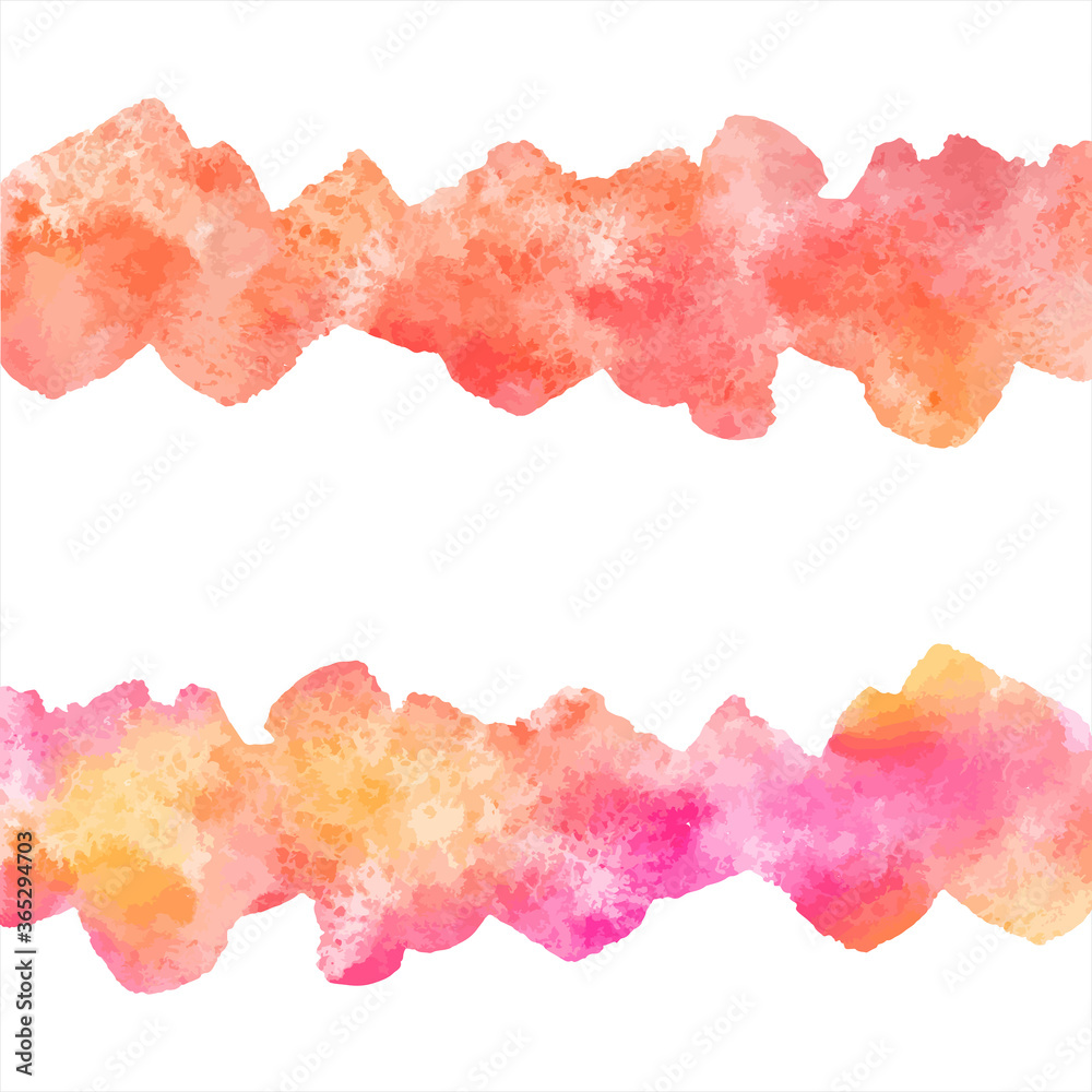 Fototapeta premium Autumn watercolor borders. Orange, red brush strokes, uneven stripes with deckled edge. Watercolour background with stains, text frame, banner template. Painted hand drawn texture, design element.