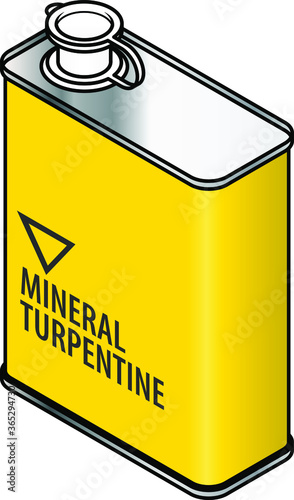 A yellow rectangular metal tin of mineral turpentine.