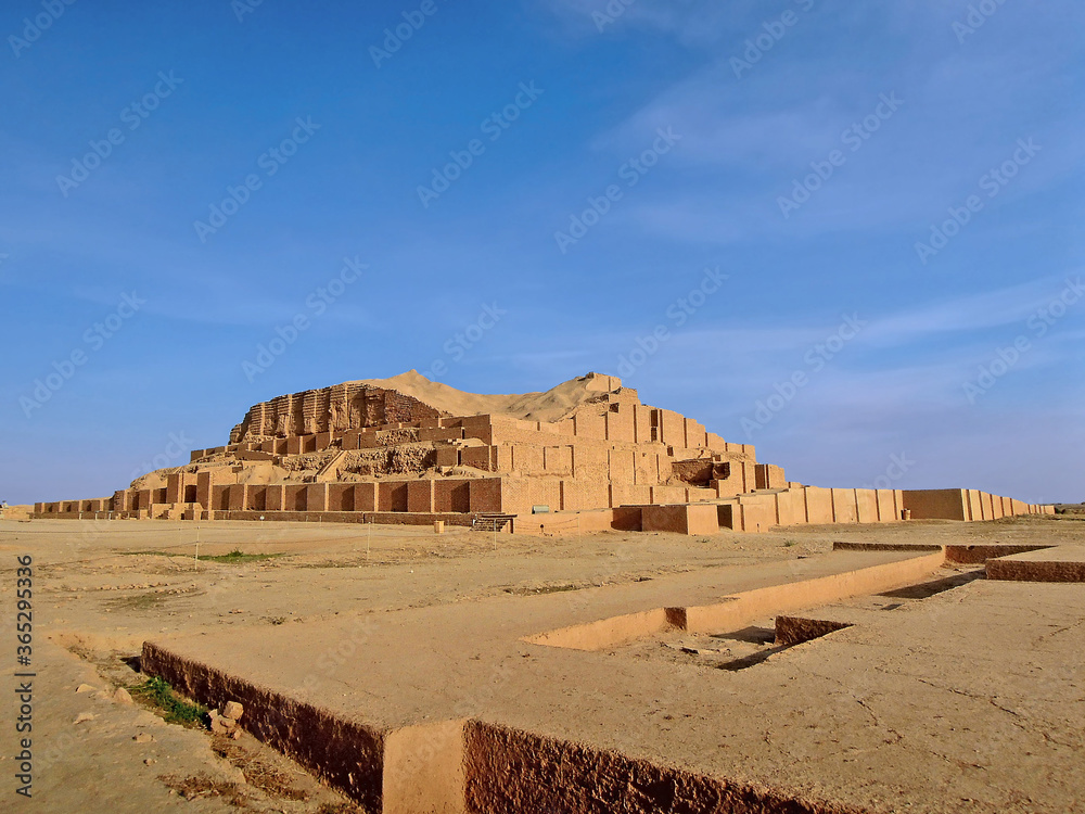 Panoramic view on remains of complex Chogha Zanbil, Shush, Iran. Ruins of Elamite temples are on front & zuggurat is on background. They are most ancient buildings in Iran, included in UNESCO List