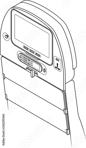 Aircraft seat-back screen controls - screen on/off. volume, brightness, coat hanger, in-seat power (USB and AC), and pop-out remote control keypad / in-seat phone. Line art.