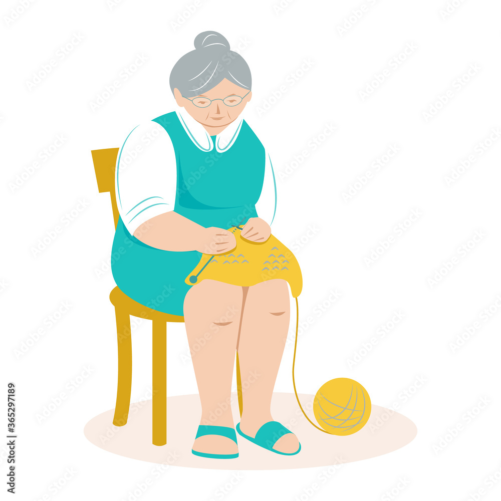 Grandmother sits on a chair and knits. Vector illustration. Isolated On a white background. Grandmother sits on a chair and knits. Vector illustration. Isolated On a white background.
