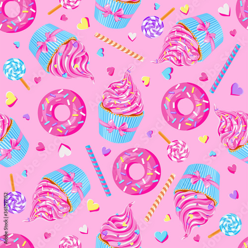 sweet pink fairy cupcakes with pink donuts, waffle, lollypops and sprinkles on pink background. Seamless pattern. Texture for fabric, wrapping, wallpaper. Decorative print.