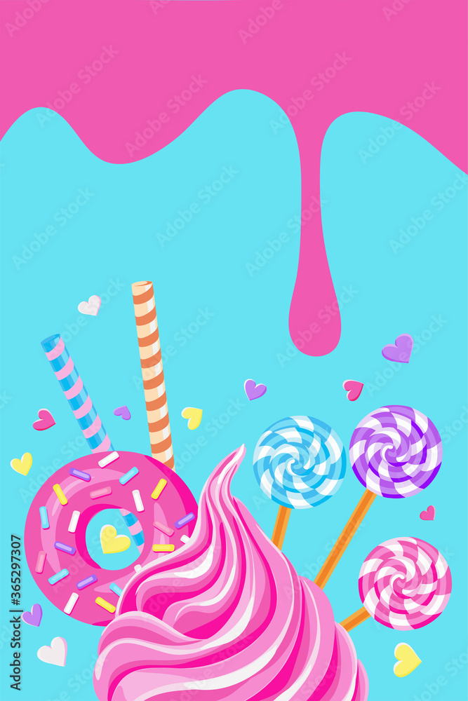 pink glaze and sweet pink fairy cupcake with pink donut, waffle, lollypops and sprinkles on blue background. vector illustration pink glaze and sweet pink fairy cupcake with pink donut, waffle, lollypops and sprinkles on blue background. vector illustration