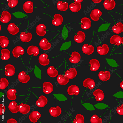 red cherry on black background. Seamless pattern. Texture for fabric, wrapping, wallpaper. Decorative print.