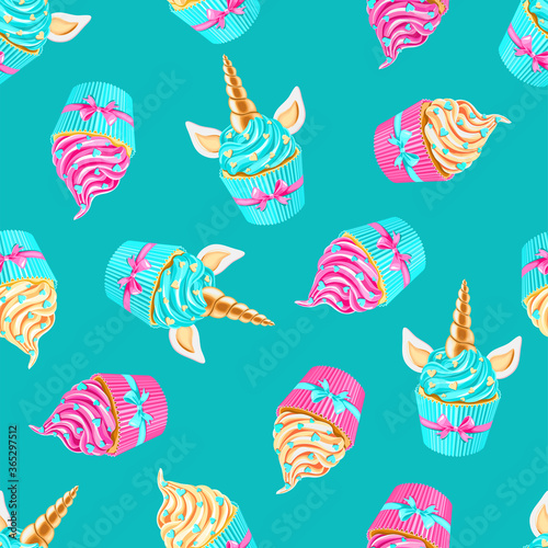 Festive unicorn fairy cakes with gold horn and pink cupcakes . Seamless pattern. Texture for fabric, wrapping, wallpaper, birthday and other holiday decorative print.