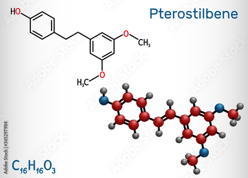 Fototapeta Naklejka Na Ścianę i Meble -  Pterostilbene, stilbenoid molecule. It has a role as metabolite, antioxidant, antineoplastic agent, neurotransmitter. Structural chemical formula and molecule model