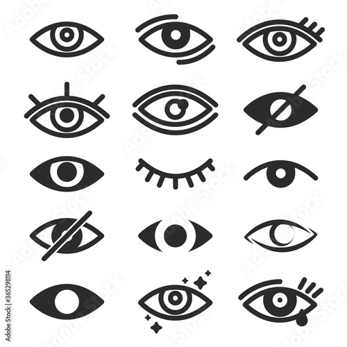 Human eyes set. Open and closed eyes, lens, tear, warning or restriction signs. Can be used for vision and eyesight concept, eye care, ophthalmologist topics