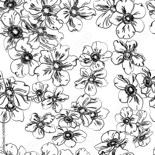 Seamless pattern with  black silhouette of flowers