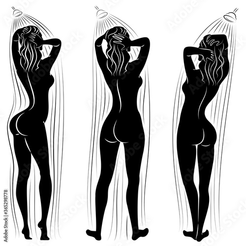 Collection. Silhouette of a cute young lady. The girl washes in the shower. The woman has a slim beautiful figure. Vector illustration  set.
